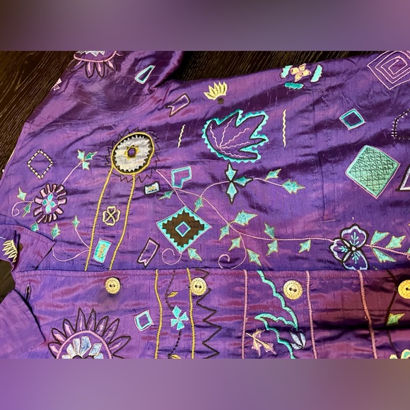Vintage Chicos Purple Silk Button Down Embroidered Patterned Jacket Size 1 - Picture 7 of 11
